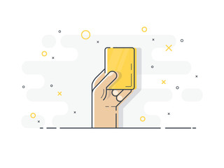 Yellow card in hand. Referee hand holding yellow card. Trendy flat vector on white background.