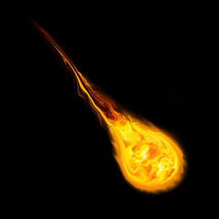 Comet moving in space. Asteroid with flame tail on black background