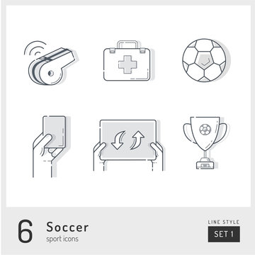 Set of football / soccer icons on the white background. Universal linear icons to use in web and mobile app.
