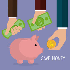 hand with coins and piggy savings vector illustration design