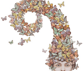 Portrait of a woman with butterflies, hand-drawn illustratio
