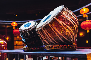 ethnic musical instrument tabla in the interior of the chill-out