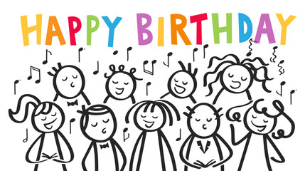 Geburtstagskarte, Chor, Männer und Frauen singen gemeinsam HAPPY BIRTHDAY, Geburtstagslied, lustige Strichfiguren mit bunten Buchstaben