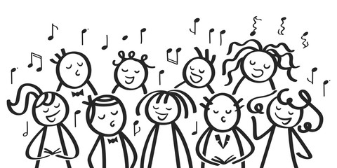 Chor, Gesangsgruppe, Männer und Frauen singen gemeinsam, lustige Strichfiguren singen ein Lied