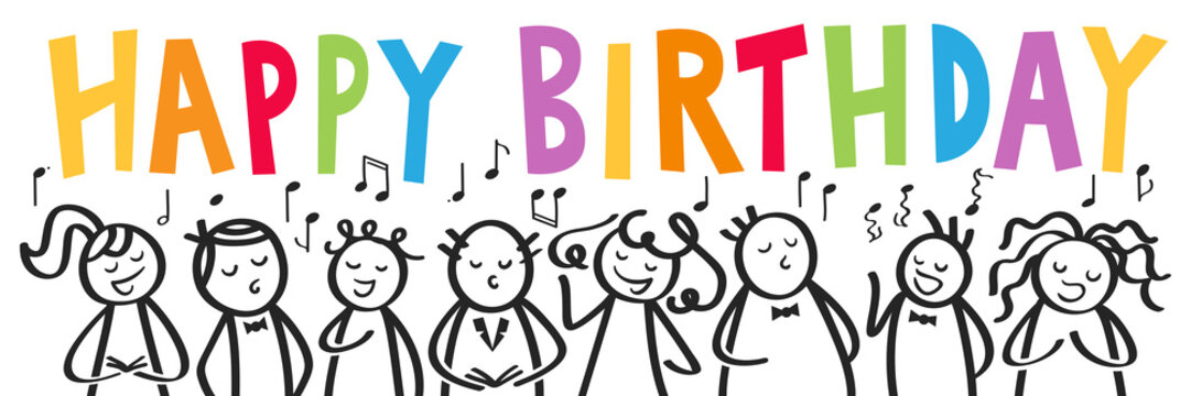 Geburtstagskarte, Chor, M&auml;nner und Frauen singen gemeinsam HAPPY BIRTHDAY, Geburtstagslied, Banner, lustige Strichfiguren mit bunten Buchstaben