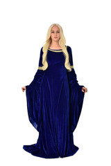 Naklejka premium full length portrait of pretty blonde lady wearing a blue fantasy medieval gown. standing pose on white background.