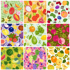 Fruit pattern seamless vector fruity backdrop and fruitful exotic wallpaper with fresh slices of watermelon apples and tropical fruits background illustration set