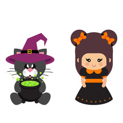 cartoon cute witch with bow with cat black sitting in hat and cauldron