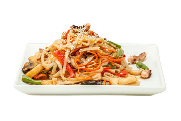 Chinese noodles with seafood and vegetables