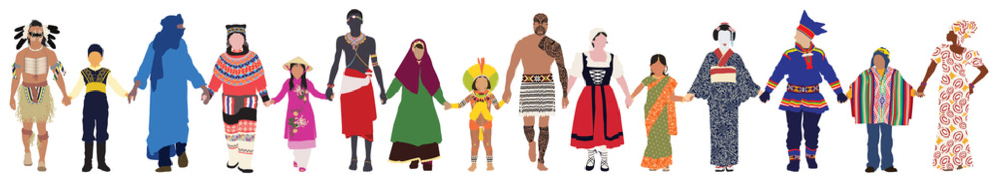 Vector people of different ages, races and genders in their traditional clothing walk together peacefully hand in hand