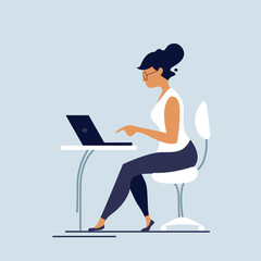 Business woman working in office behind her desk with desktop computer, flat character design, vector illustration
