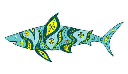 Hand-drawn abstract shark. Vector fish painted in ethnic style. Doodle Shark.