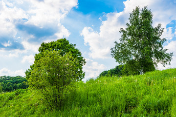 Beautiful summer countryside with hills, trees and sky with clouds
