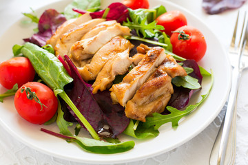 Sliced grilled chicken with green leaves salad on white plate