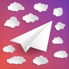 White paper airplane with clouds on modern gradient background