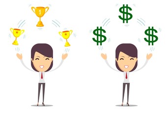 Woman holding cup, award, money prize. Stock flat vector illustration