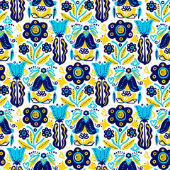 Hand Drawn pattern with summer flowers and herbs vintage Hohloma floral elements. Blue Yellow on white