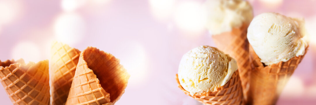 Various ice cream cones and waffle