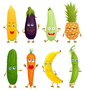 Oblong fruit and vegetables characters. Vector food with eyes, mouth, hands and feet with different emotions and facial expressions. Emoji in various poses.