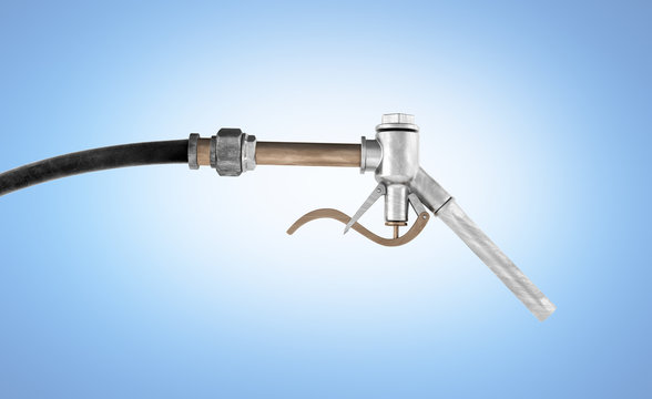 retro fuel nozzle pump with hose isolated on blue gradient background 3d