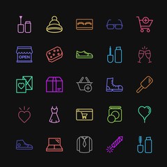 Modern Simple Colorful Set of clothes, shopping, valentine, beauty and cosmetics Vector outline Icons. Contains such Icons as balloon,  gift and more on dark background. Fully Editable. Pixel Perfect
