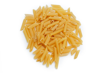 heap of raw pasta isolated on white background. italian food or cuisine