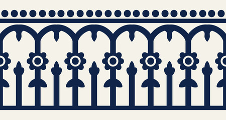 Woodblock printed indigo dye seamless ethnic floral geometric border. Traditional oriental ornament of India Kashmir, flowers and arcade motif, navy blue on ecru background. Textile design.