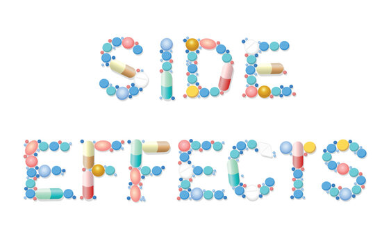 Side effects written with pills, tablets and capsules. Isolated vector illustration on white background.