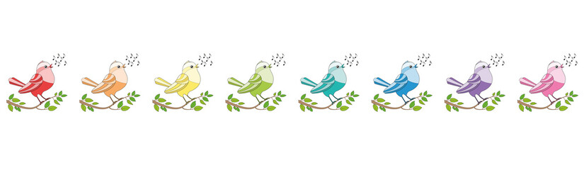 Songbirds in a row like a c-major line - eight rainbow colored twittering and chirping and singing birds. Comic illustration on white background.