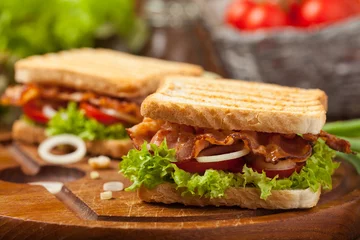 Selbstklebende Fototapeten Geröstetes Sandwich mit Speck, Tomate, Gurke und Salat. © gkrphoto