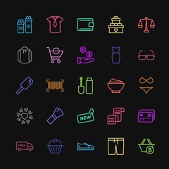 Modern Simple Colorful Set of clothes, shopping, valentine, beauty and cosmetics Vector outline Icons. Contains such Icons as  finance,  wear and more on dark background. Fully Editable. Pixel Perfect