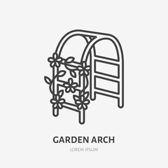 Garden arch with clambering plant flat line icon. Wedding flower decorations sign. Thin linear logo for gardening, planting.
