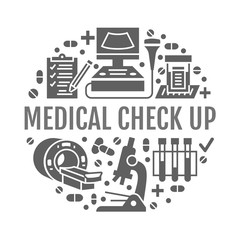 Medical check up poster template. Vector flat glyph icons, illustration of health care center, equipment, mri, ultrasound, blood test, microscope. Healthcare, diagnostics clinic banner.