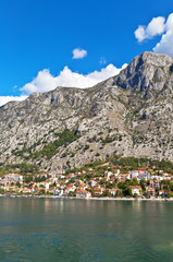 Montenegro. Beautiful town Dobrota on the coast of Boka Kotor Bay on a sunny summer day
