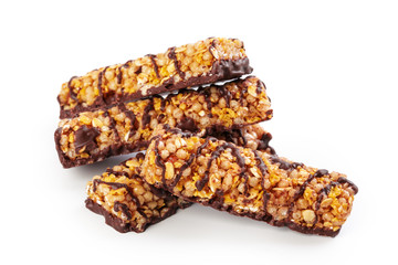 Healthy granola munchies on white background