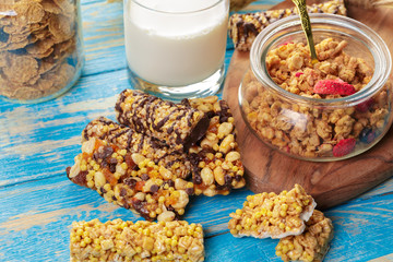Granola bar on wooden background