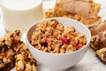 Granola bar on wooden background