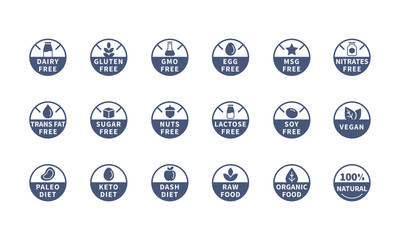 Allergens, Ingredient labels symbols, Vector icons
