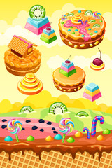 Sweet candy land. Cartoon game background. 3d vector illustration