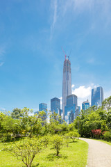 Fototapeta premium road of a modern city with skyscrapers as background
