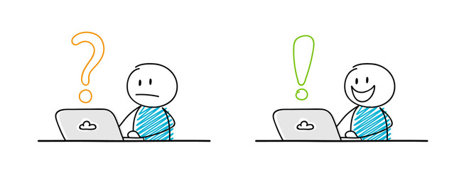 Set with funny stickmen working on laptop with question mark and exclamation point icons. Vector.