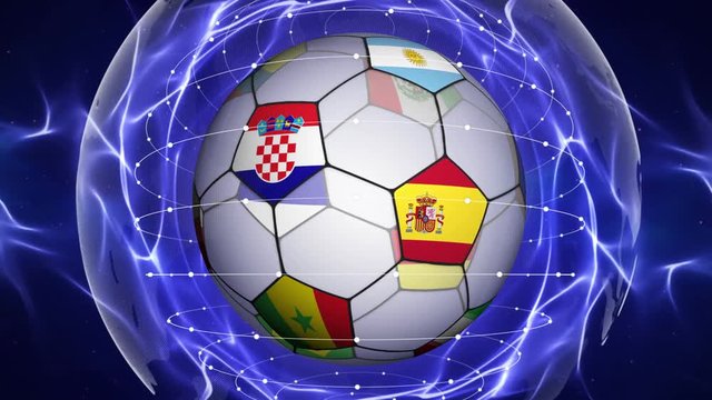 Soccer Ball and World Flag in Blue Abstract Particles Ring, Animation, Background, Loop, 4k