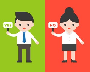 Businessman hold yes sign and businesswoman hold no sign, flat design vector