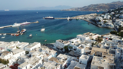 Aerial photo of iconic view from chora of Mykonos island little Venice area, Cyclades, Greece