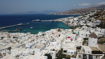 Aerial photo of iconic view from chora of Mykonos island little Venice area, Cyclades, Greece