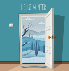Open door. Valley landscape. Cartoon vector illustration. Vintage poster. Welcome to winter