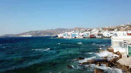 Aerial photo of iconic view from chora of Mykonos island little Venice area, Cyclades, Greece