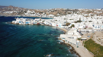 Aerial drone bird's eye view photo of iconic little Venice in old town of Mykonos island, Cyclades, Greece