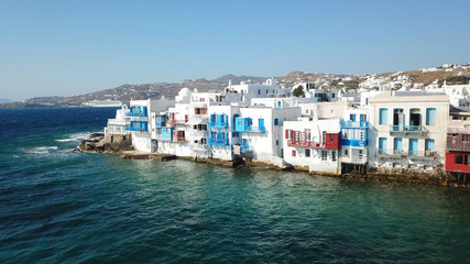 Aerial drone bird's eye view photo of iconic little Venice in old town of Mykonos island, Cyclades, Greece