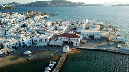Aerial photo of iconic view from chora of Mykonos island little Venice area, Cyclades, Greece